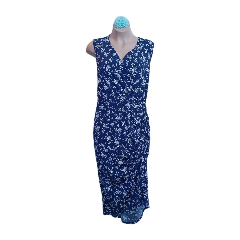 Lane Bryant Women Maxi Dress 26 28 Blue Ditsy Floral Ruched Side Split Garden